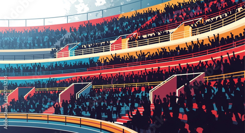 Vibrant stadium seating filled with cheering spectators during a sporting event.