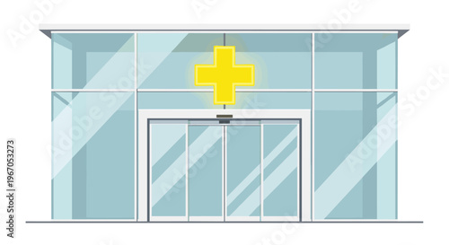 A modern glass building with a glowing yellow cross stands above wide automatic sliding doors on a white background.