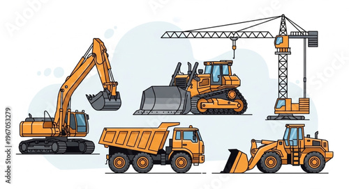 Construction vehicles and heavy machinery collection illustration.