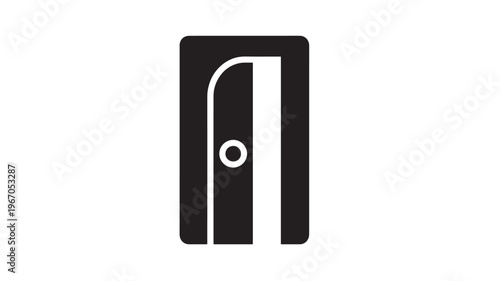 Pencil sharpener simple black icon with a white circular opening for lead insertion featuring minimalist, drawing, school supplies with stationery