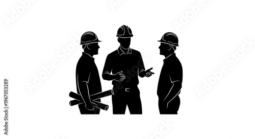 Three construction workers in hard hats discussing plans.