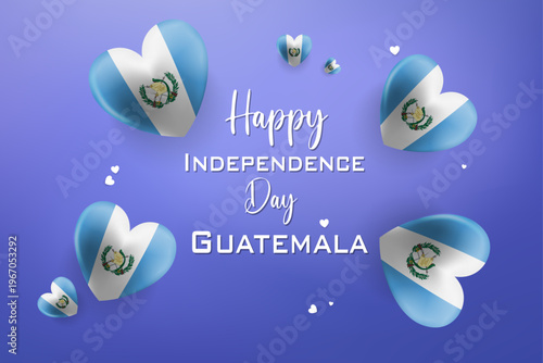 Guatemala Independence Day celebration graphic with hearts and quetzal bird emblem on blue and white festive background