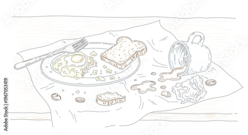 Line art drawing of a messy breakfast with a spilled coffee cup, scattered crumbs, and a fried egg on a plate, portraying a chaotic morning mishap