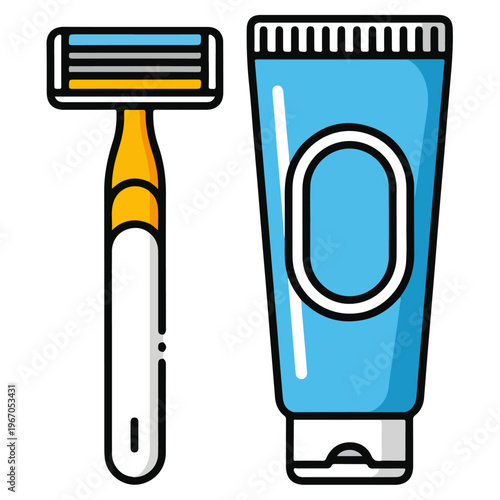 safety razor and shaving cream tube flat vector illustration set