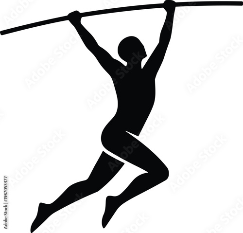 A high quality black vector silhouette illustration of an athletic professional male pole vaulter jumping high over a horizontal bar during a track and field competition isolated on white background