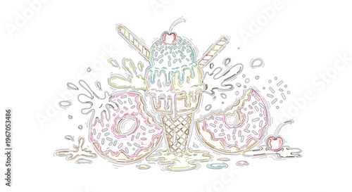 Pastel illustration of a melting ice cream cone with sprinkles and cherries, surrounded by sugary donuts and sweet drizzles, embodying a whimsical and delightful dessert art concept