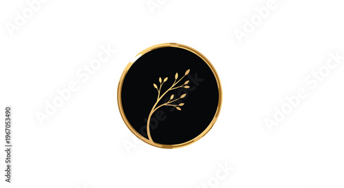 A circular black enamel pin with a gold border displays a delicate golden branch with small leaves on a white background.