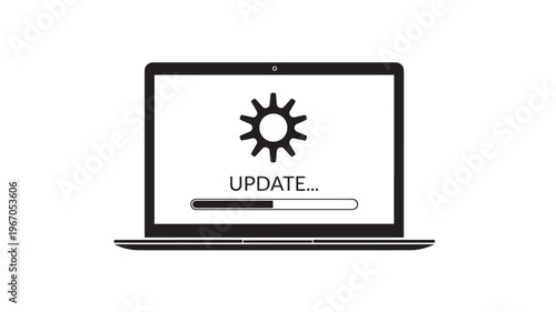 Laptop screen displaying an update progress bar with a gear icon and text 'UPDATE...' loading bar featuring computer, upgrading, upgrade with