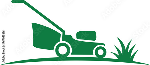 Green lawn mower cutting grass on a hill outdoor gardening equipment  simple icon