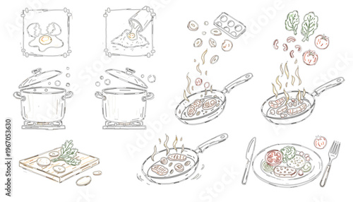 Step-by-step illustration of cooking process from ingredients to a plated meal, showcasing preparation and cooking stages