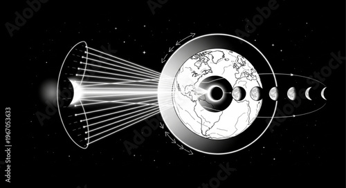 Abstract futuristic spaceship engine emitting light beams.