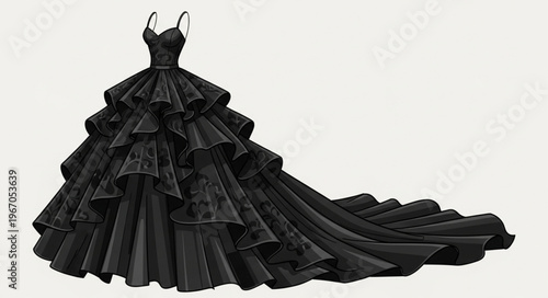Elegant Black Ball Gown with Cascading Ruffles and Long Train.