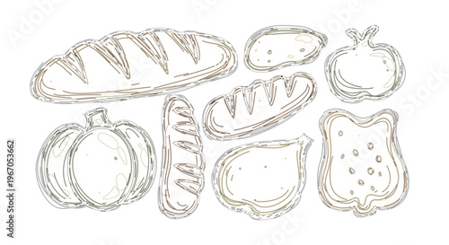 Collection of various types of bread and baked goods, hand-drawn sketches