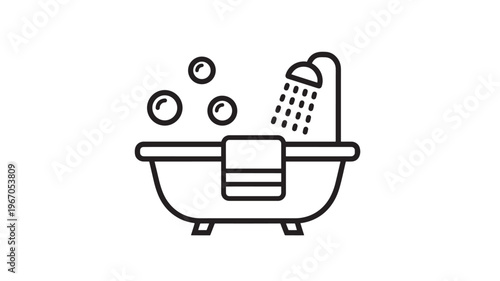 Bathtub icon with shower and bubbles, representing relaxation and personal hygiene for a clean bathroom experience.