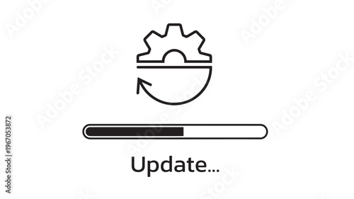 Gear and loading bar icons with circular arrow indicate software update process in progress featuring technology, download, installing with cogwheel