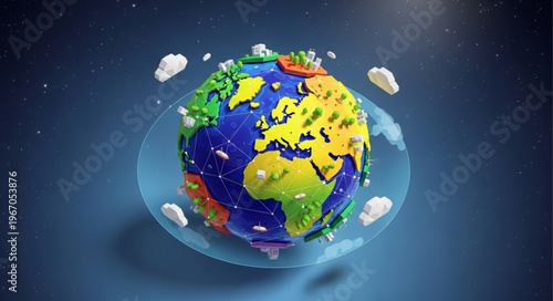 Colorful cartoon earth globe with clouds and stars.