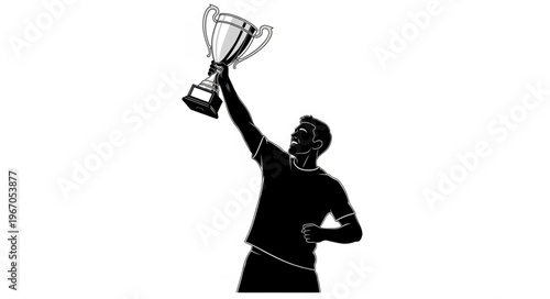 Silhouette of a triumphant athlete holding a trophy above their head.