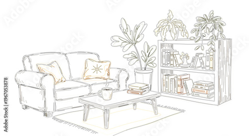 Illustrated cozy living room design featuring a comfy sofa, coffee table, bookshelf, and lush green plants, embodying a serene and inviting home interior with a minimalist aesthetic
