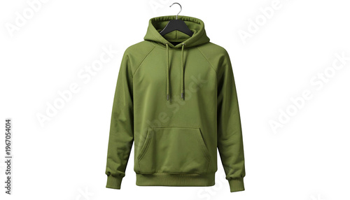 Olive hooded sweatshirt on hanger, simple design, front pocket