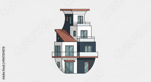 Modern Architectural Design Building with Geometric Shapes and Balconies.