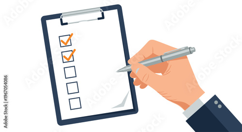 A hand in a blue suit sleeve holds a silver pen, checking off items on a white paper on a blue clipboard.