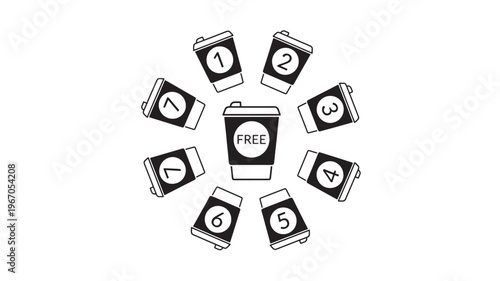 Coffee cups with numbers 1 through 7 and a central 'FREE' cup in a circular arrangement on a white background
