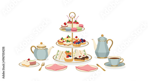 An elaborate afternoon tea spread features a three-tiered stand with pastries and sandwiches, flanked by teapots and a teacup.