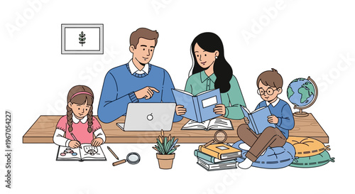 Family studying together at home, learning and reading with laptop and books