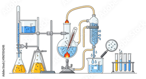 Chemical distillation setup with beakers, flasks, and test tubes, scientific experiment illustration