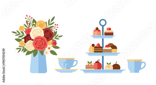 A colorful bouquet of flowers in a blue vase sits next to a three-tiered stand with cakes and two teacups.