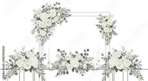 Elegant White Floral Wedding Arch Arrangement with Greenery and Candles