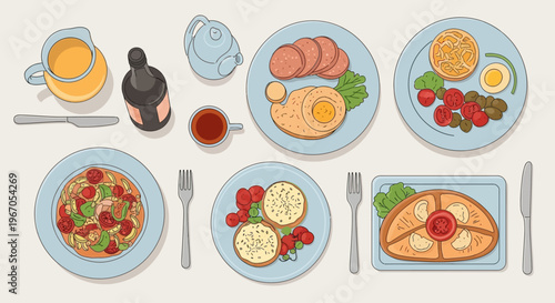 Overhead View of a Delicious Breakfast Spread with Various Foods and Drinks