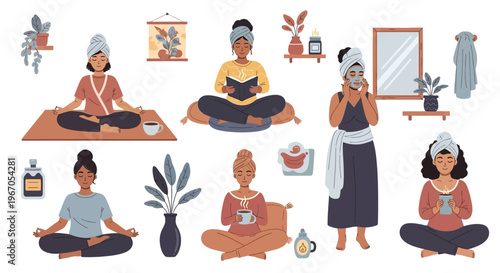 Self-care routine, women relaxing, spa, yoga, reading, meditation, skincare, cozy home