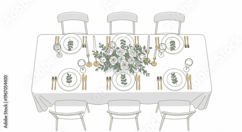 Elegant Table Setting for Dinner Party: Top View of Festive Dining Table with Floral Centerpiece