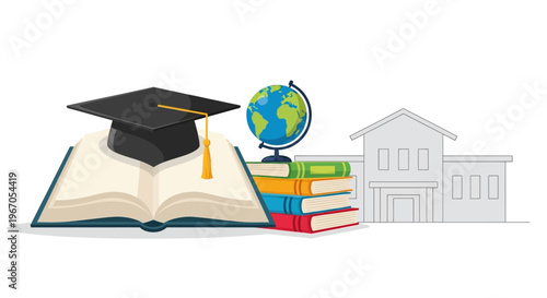 Graduation Cap on Open Book with Globe, Books, and School Building - Education Concept