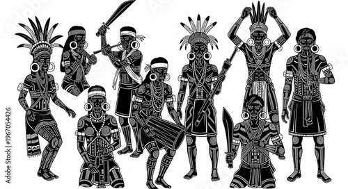 Group of ancient warriors in traditional attire and headdresses.