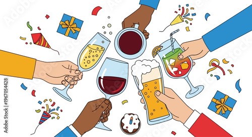 Diverse Hands Toasting Drinks with Gifts and Confetti, Celebration Concept