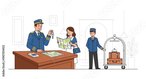 Hotel Reception: Concierge Giving Key to Guest with Luggage Cart
