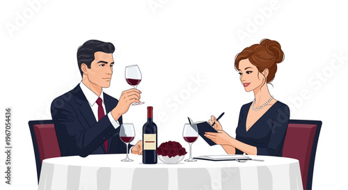 Couple enjoying wine tasting at elegant restaurant, sommelier taking notes