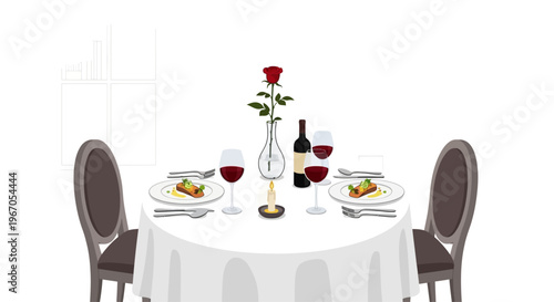 Romantic Dinner Table Setting for Two with Wine, Rose, and Candle