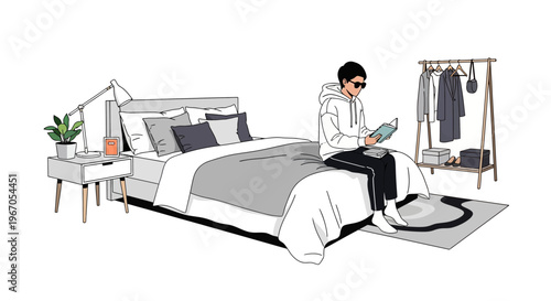 Man reading book on bed in minimalist bedroom with clothes rack