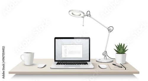 Modern home office setup with laptop, lamp, coffee, and plant on desk