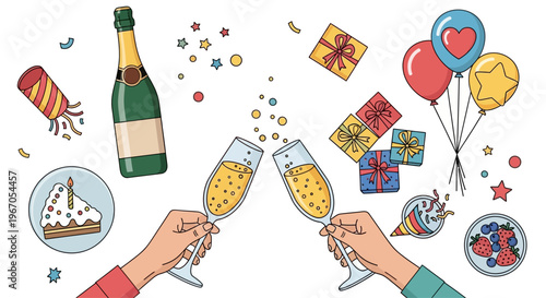 Celebration Toast with Champagne, Gifts, Balloons, and Cake - Party Scene