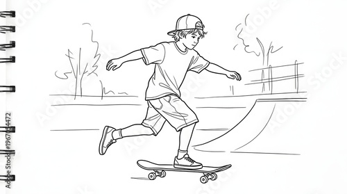 line art boy riding skateboard