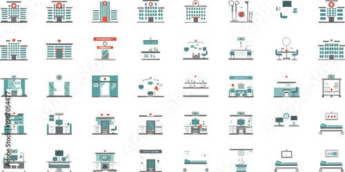Hospital and Healthcare Facility Icon Set Featuring Medical Buildings, Departments, Patient Rooms, Equipment and Clinical Services Vector Illustration Collection