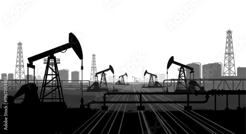 Oil pump jacks working in an industrial landscape silhouette.