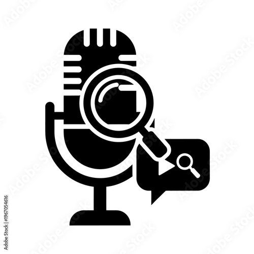 Microphone with magnifying glass investigates podcast