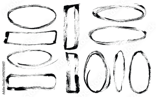 Grunge brush stroke doodle circles and squares. Charcoal vector oval and rectangular frames set. Markers hand drawn highlightning circles and elipses.