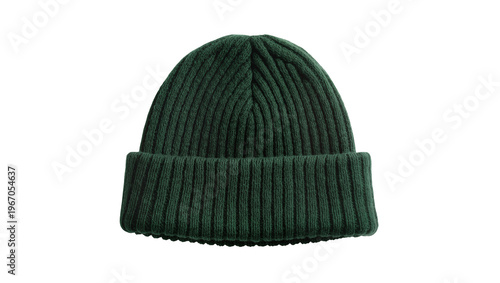 Dark green ribbed knit beanie hat, isolated on transparent background