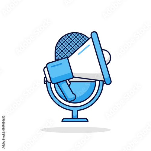 A microphone with a megaphone overlay on a stand for promotion and broadcasting purposes.